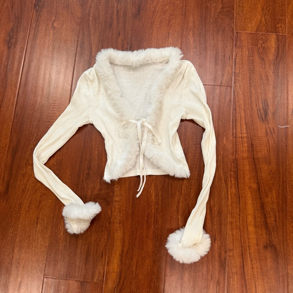 Cream Fuzzy Trim Cardigan